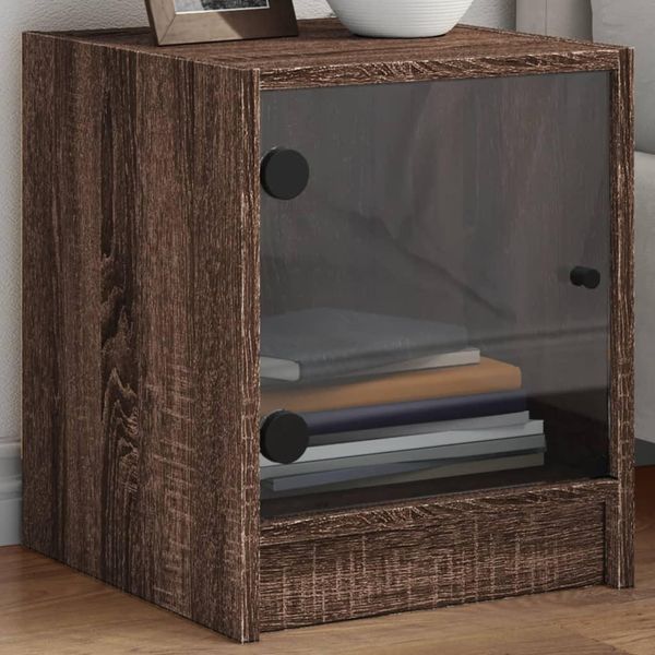 Comodini Con Ante In Vetro 2 Pz. Aspetto Rovere Marrone 35X37X42 Cm-image