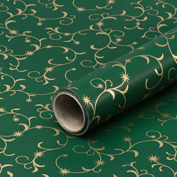 Carta Da Regalo Per Natale, Arabeschi, Verde, Oro, 0,70 X 10 M-image