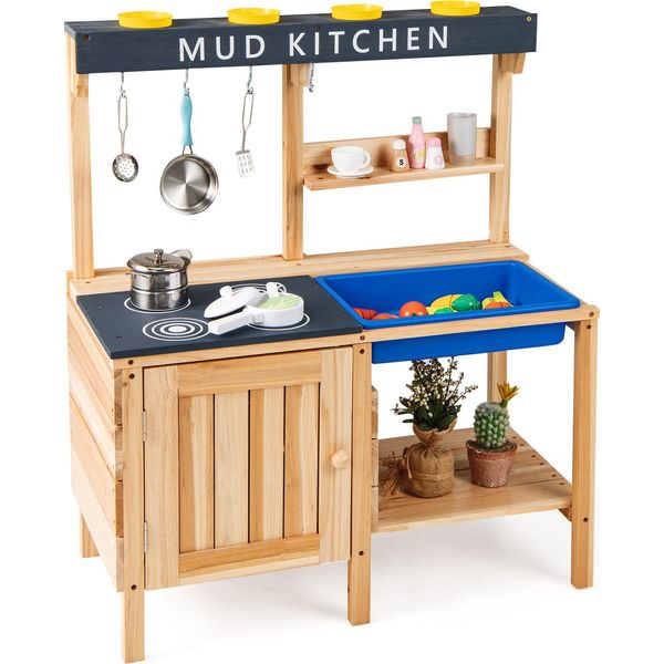 Costway Cucina Del Fango Per Bambini All'aperto, Cucina Da Gioco In Legno Con Lavello Rimovibile, Accessori, Armadietto, 2 Scomparti, Portabicchieri E Ganci, Per Bambini 3+-image