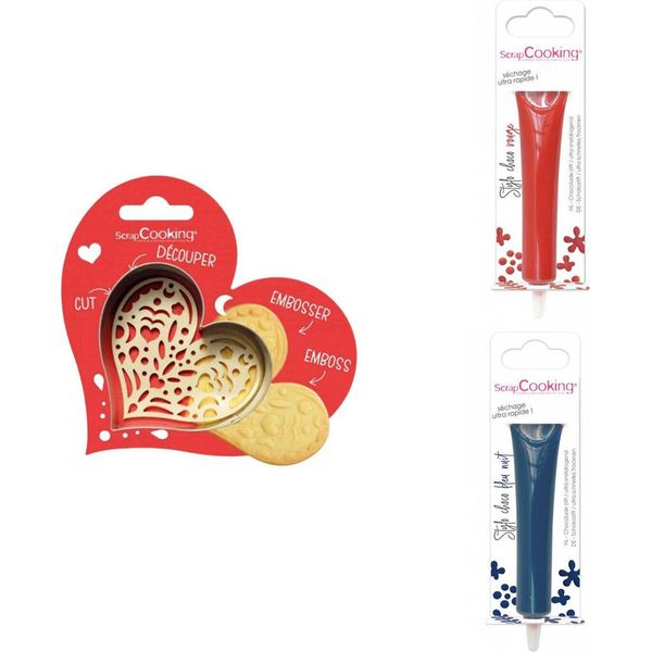 Set Di Biscotti A Forma Di Cuore + 2 Penne Di Cioccolato Rosse E Blu Notte-image