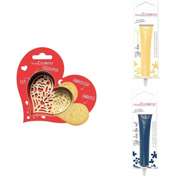 Set Di Biscotti A Forma Di Cuore + 2 Penne Di Cioccolato Giallo Pastello E Blu Notte-image