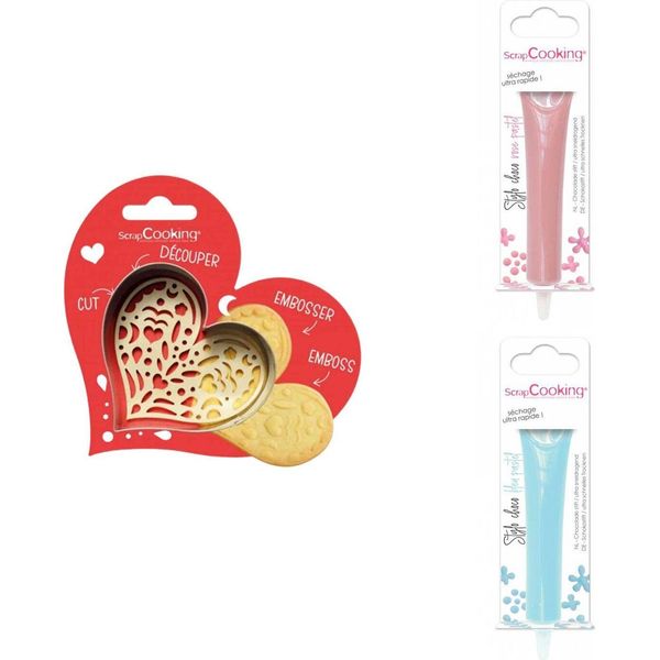 Set Di Biscotti A Forma Di Cuore + 2 Penne Con Cioccolato Color Pastello E Blu-image