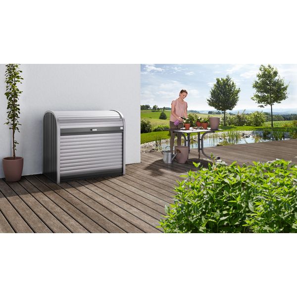 Gartenbox Biohort "Storemax Gr. 120, Verschiedene Farben", Grau (Dunkelgrau, Metallic), B:117Cm H:109Cm T:73Cm, Stahl, Aufbewahrungsboxen, Gartenbox, 117X73X109 Cm, Ideal Als MüLltonnenboxoder Fahrradgarage-image