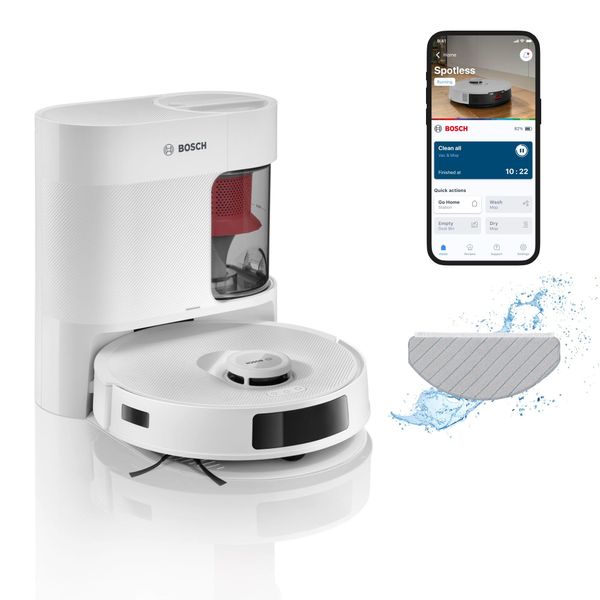 Bosch Saugroboter "Spotless + BCRD1W, Saugroboter Mit Wischfunktion, 11.000 Pa Saugkraft", Weiß, B:35,3Cm H:9,6Cm T:35,1Cm, Saugroboter, Trocken-Servicestation, Infrarot Navigation, Carbon BüRste-image
