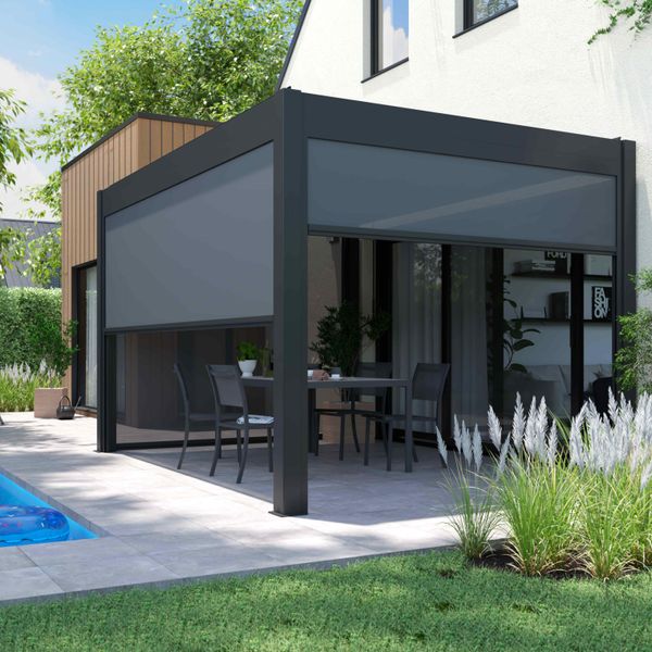 Pergola Bioclimatica Autoportante 3X4M Con 2 Tende 2,66X2,34 M Grigie - Oviala Athenes-image