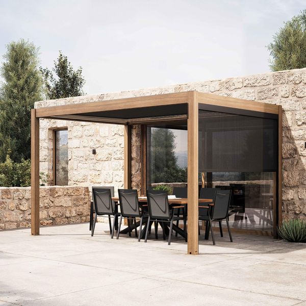 Pergola Bioclimatica Autoportante E Motorizzata 3X4M E 1 Tenda Da Sole - Oviala Kavala-image