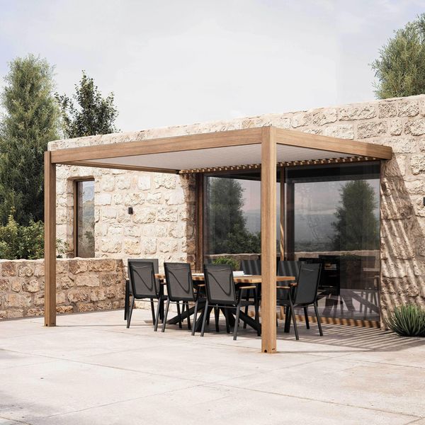 Pergola Bioclimatica Addossata 3X4M In Legno Bianco E Alluminio - Oviala Thebes-image