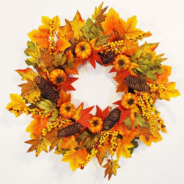 Ghirlanda Autunnale Con Foglie D'acero E Zucca, 50 Cm, Ghirlanda Decorativa Per La Porta Per Il Ringraziamento E Le Decorazioni Autunnali-image