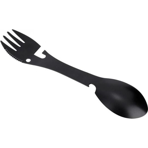 Posate Da Esterno 5 In 1, Forchetta In Acciaio Inox, Cucchiaio Con Apribottiglie E Apriscatole, Nero Per Campeggio Ed Escursionismo-image