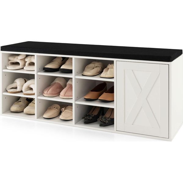 Panca Per Scarpe Costway Con Ripiani Regolabili, Cuscino Imbottito E 9 Scomparti, Scarpiera A 3 Livelli, Panca Portaoggetti, Bianco-image