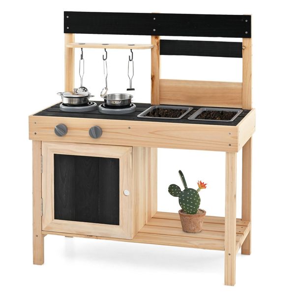 Costway Cucina Di Fango Per Bambini All'aperto, Cucina Per Bambini In Legno Con Accessori, Tavole E 2 Lavelli Rimovibili, Cucina Da Gioco All'aperto Per Bambini Da 2 Anni In Su-image