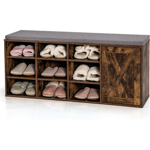 Panca Per Scarpe Costway Con Ripiani Regolabili, Cuscino Imbottito E 9 Scomparti, Scarpiera A 3 Livelli, Panca Portaoggetti, Caffè-image