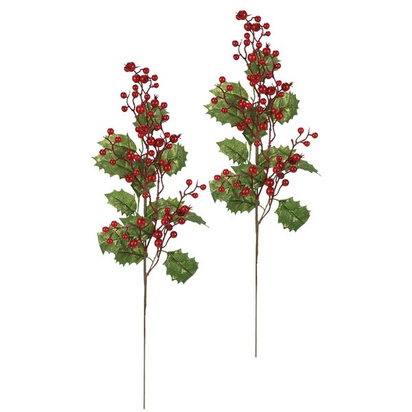 Kunstzweig I.Ge.A. "KüNstlicher Ilexzweig/Beerenzweig", GrüN (GrüN, Rot), B:22Cm H:64Cm L:7Cm, Polyester, Kunstpflanzen, Kunstzweig, 2Er Set Dekozweig Zweig Deko FüR Girlande Kranz Weihnachtsdeko-image