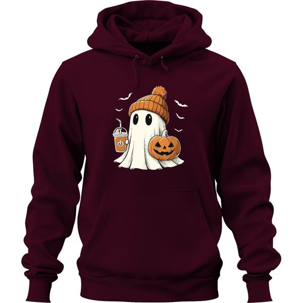 Fantasma Zucca Halloween Simpatico Berretto Caffè Autunno Carino Spaventoso Unisex Felpa Con Cappuccio, Borgogna, L-image