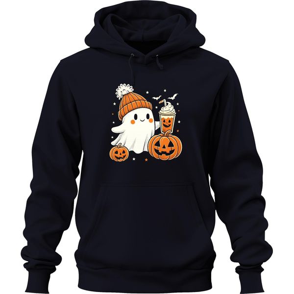 Fantasma Carino Con Zucca Latte Halloween Zucca Beanie Carino Unisex Felpa Con Cappuccio, Navy, S-image