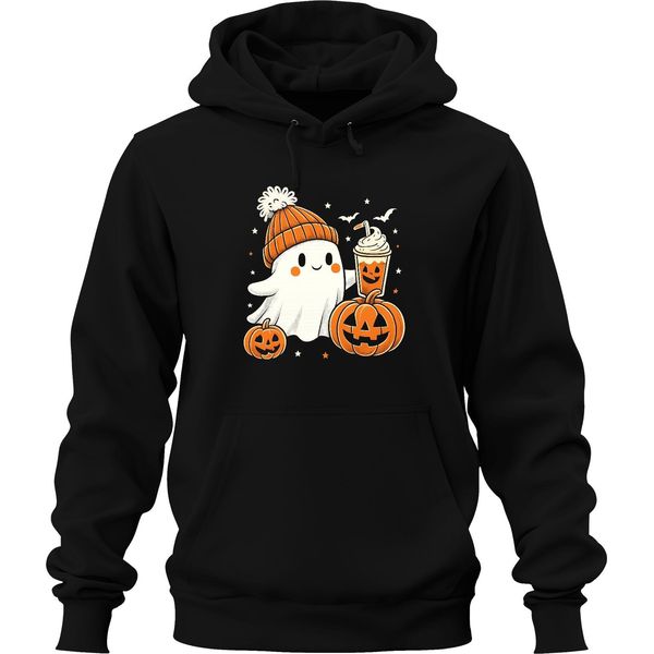 Fantasma Carino Con Zucca Latte Halloween Zucca Beanie Carino Unisex Felpa Con Cappuccio, Nero, S-image