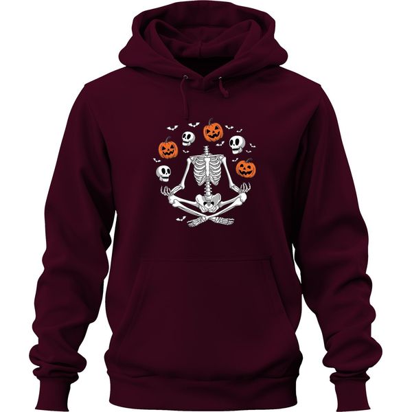 Halloween Scheletro Yoga Meditazione Zucca Teschio Pipistrello Felpa Con Cappuccio Unisex, Borgogna, S-image