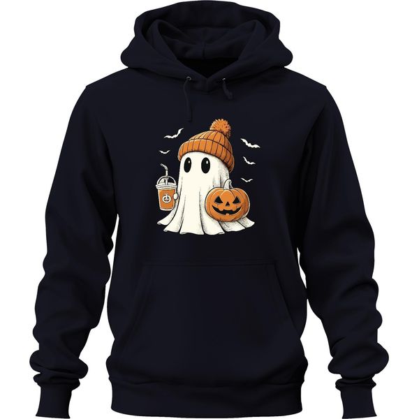 Fantasma Zucca Halloween Simpatico Berretto Caffè Autunno Carino Spaventoso Unisex Felpa Con Cappuccio, Marina, L-image