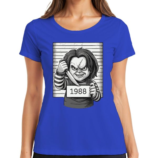 Chucky Killer Doll 1988 Horror Police Photo Killer Doll Cult Maglietta Da Donna, Blu, 3XL-image
