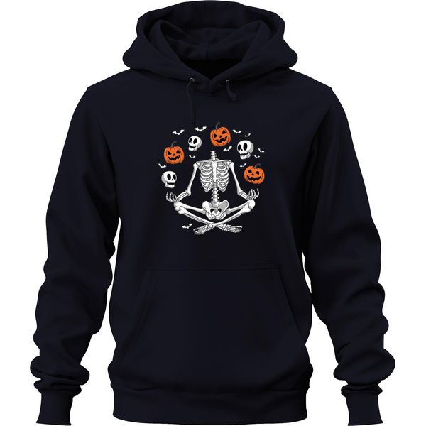 Halloween Scheletro Yoga Meditazione Zucca Teschio Pipistrello Felpa Con Cappuccio Unisex, Navy, M-image