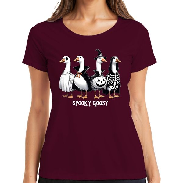 Spooky Goosy Halloween Geese Funny Scary Pumpkin Goose Witch Ladies T-Shirt, Borgogna, 3XL-image