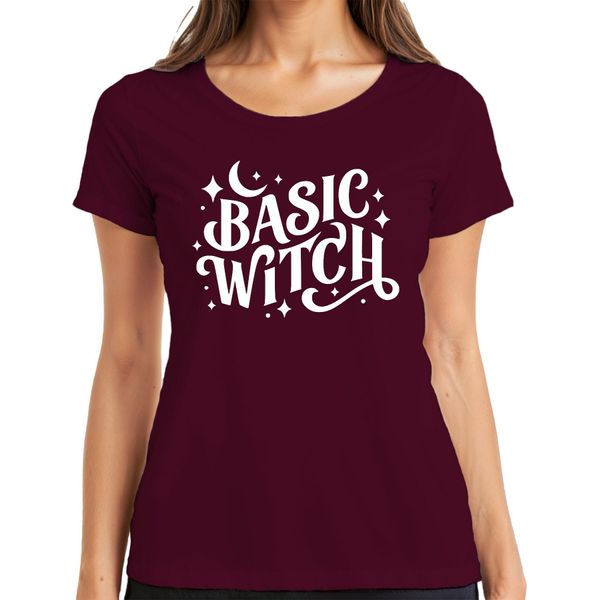 Basic Witch Halloween Moon Stars Magical Witch Fan Gothic Ladies T-Shirt, Borgogna, S-image