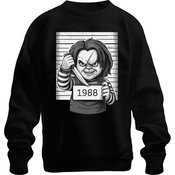 Chucky Killer Doll 1988 Horror Polizia Foto Killer Doll Cult Unisex Felpa Pullover, Nero, Xxl-image