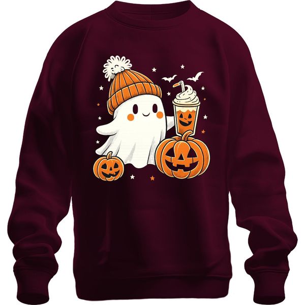 Fantasma Carino Con Zucca Latte Halloween Zucca Beanie Carino Pullover Felpa Unisex, Borgogna, 3XL-image
