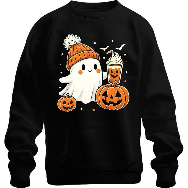 Fantasma Carino Con Zucca Latte Halloween Zucca Beanie Carino Pullover Felpa Unisex, Nero, S-image