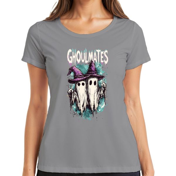 Ghoulmates Halloween Ghosts Ghost Couple Witch Hat Vintage Ladies T-Shirt, Grigio, 3XL-image