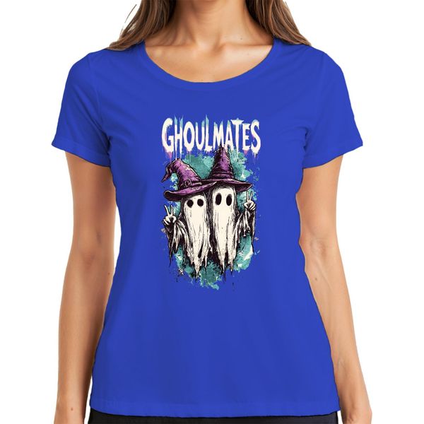 Ghoulmates Halloween Ghosts Ghost Couple Witch Hat Vintage Ladies T-Shirt, Blu, Xl-image