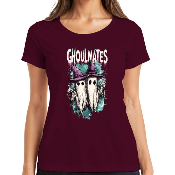 Ghoulmates Halloween Ghosts Ghost Couple Witch Hat Vintage Ladies T-Shirt, Borgogna, 3XL-image