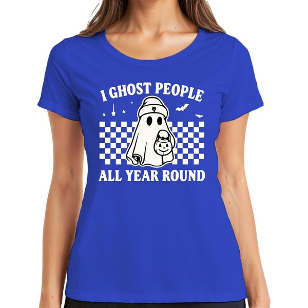 Fantasmi Tutto L'anno Halloween GeisterkostüM Retro Karo Damen T-Shirt, Blau, M-image