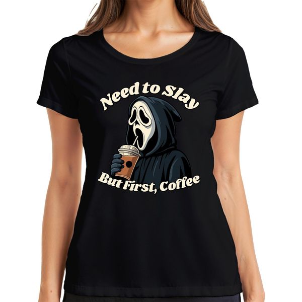 But First Coffee Grim Reaper Halloween Coffee Gothic Funny Scary Ladies T-Shirt, Nero, L-image