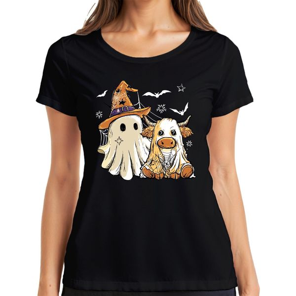 Halloween Mucca Fantasma Costume Carino Ragnatela Cappello Strega Cartoon Signore T-Shirt, Nero, Xl-image