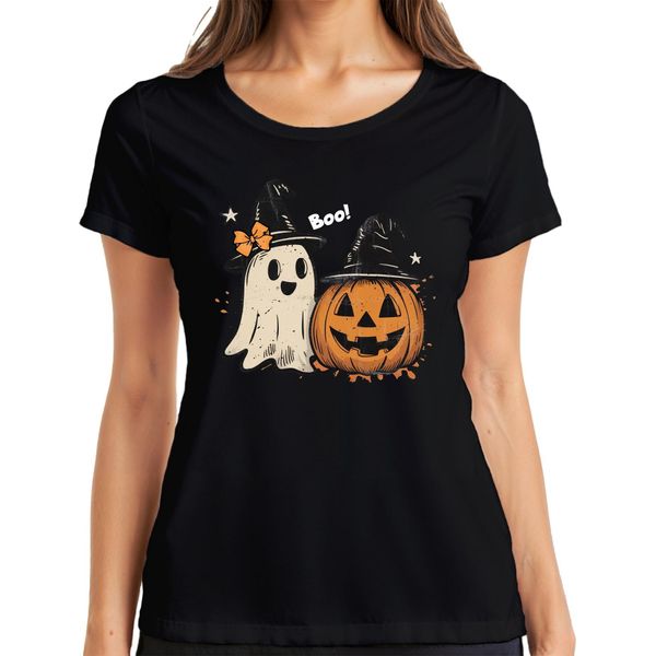 Boo Halloween Zucca Fantasma Carino Cappello Strega Retro Vintage Carino Signore T-Shirt, Nero, 3XL-image