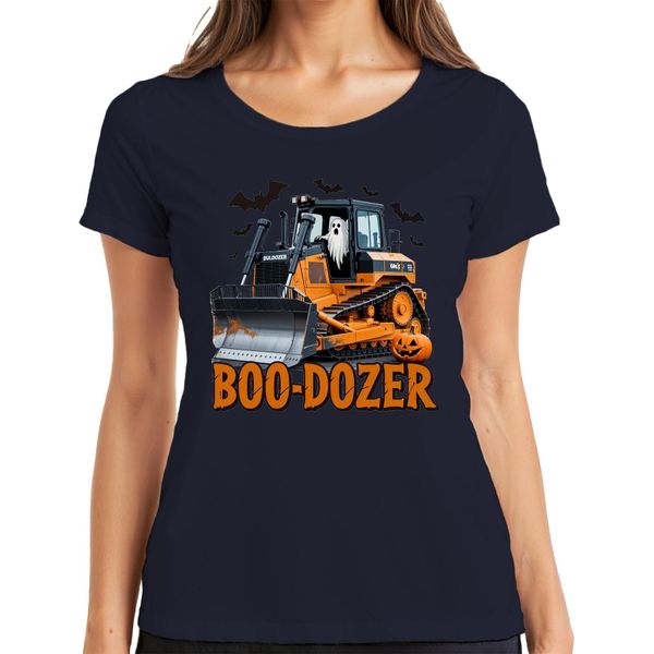 Boo Dozer Halloween Bulldozer Fantasma Zucca Spaventosa Costruzione Maglietta Da Donna Divertente, Navy, M-image