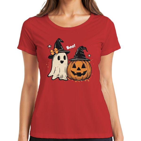 Boo Halloween Zucca Fantasma Carino Cappello Strega Retro Vintage Carino Signore T-Shirt, Rosso, 3XL-image