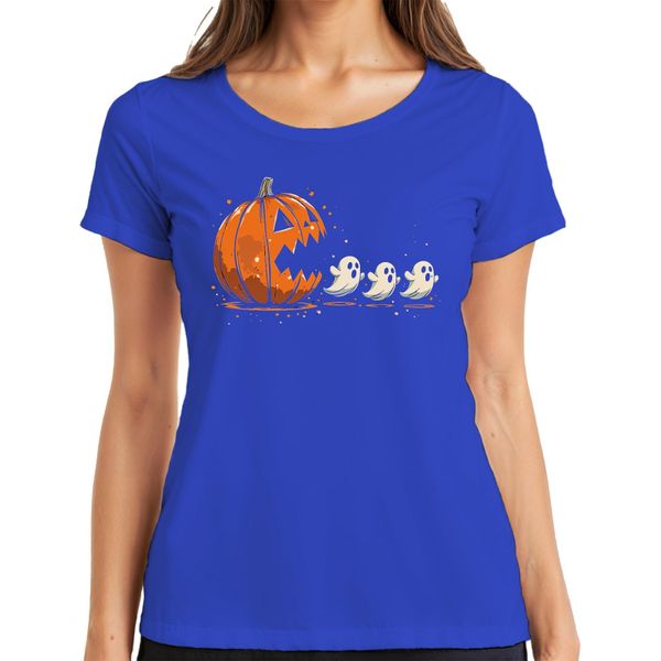 Pac-Man Horror Halloween Zucca Fantasmi Cartoon Carino Spaventoso Maglietta Donna, Blu, Xxl-image