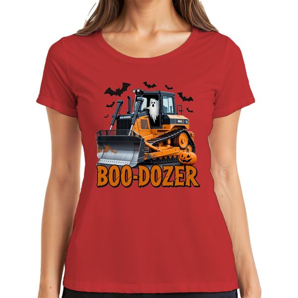 Boo Dozer Halloween Bulldozer Fantasma Zucca Spaventosa Costruzione Maglietta Da Donna Divertente, Rosso, 3XL-image