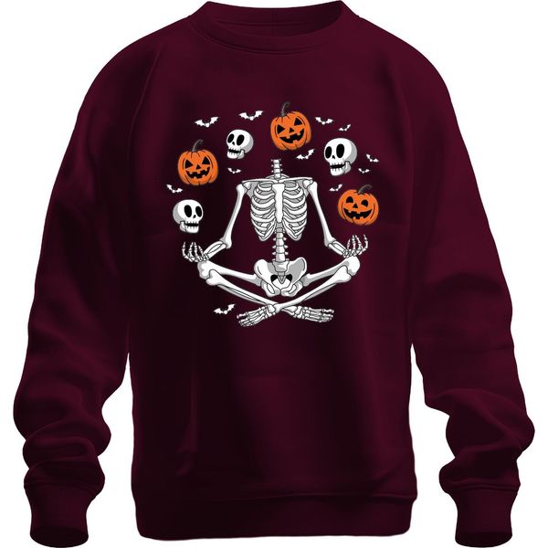 Halloween Scheletro Yoga Meditazione Zucca Teschio Pipistrello Felpa Unisex Pullover, Borgogna, S-image