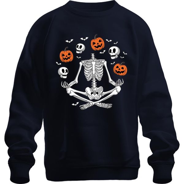 Halloween Scheletro Yoga Meditazione Zucca Teschio Pipistrello Felpa Unisex Pullover, Navy, L-image