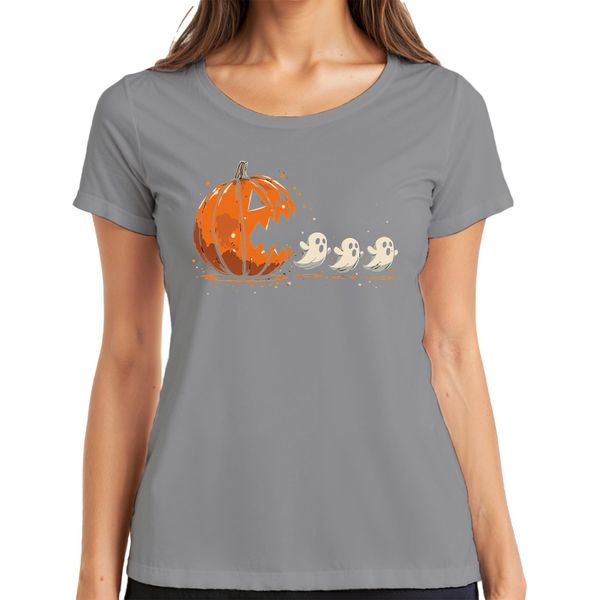 Pac-Man Horror Halloween Zucca Fantasmi Cartoon Carino Spaventoso Maglietta Donna, Grigio, 3XL-image