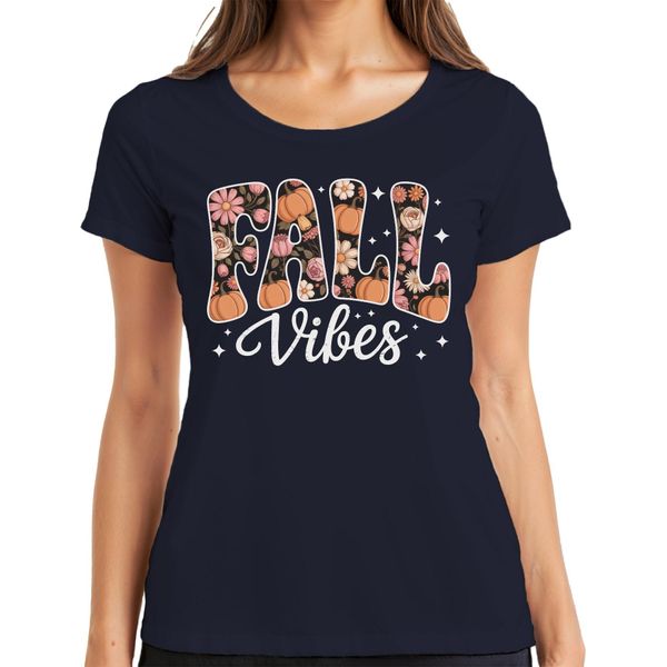 Fall Vibes Autumn Pumpkin Flowers Boho Vintage Floral Cosy T-Shirt Da Donna, Navy, S-image