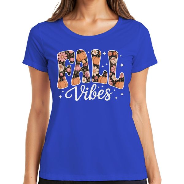 Fall Vibes Autumn Pumpkin Flowers Boho Vintage Floral Cosy T-Shirt Donna, Blu, S-image