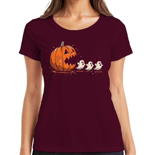 Pac-Man Horror Halloween Zucca Fantasmi Cartoon Carino Spaventoso Maglietta Donna, Borgogna, 3XL-image