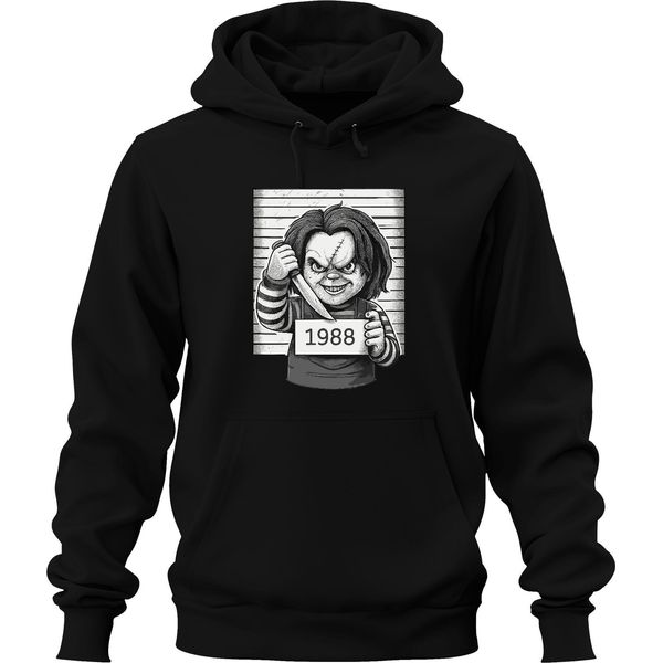 Chucky Killer Doll 1988 Horror Polizia Foto Killer Doll Cult Unisex Felpa Con Cappuccio, Nero, M-image