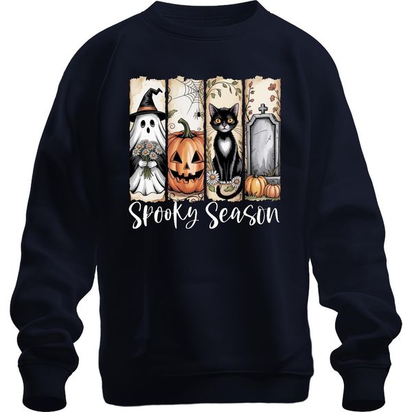 Spooky Season Halloween Pumpkin Black Cat Ghost Grave Spider Unisex Felpa Pullover, Navy, 3XL-image