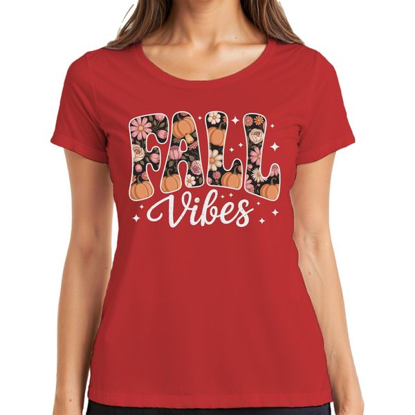 Fall Vibes Autumn Pumpkin Flowers Boho Vintage Floral Cosy T-Shirt Da Donna, Rosso, S-image