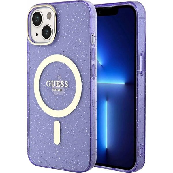 Guess Guhmp14Mhcmcgu Custodia Rigida Per Iphone 14 Plus/ 15 Plus 6,7 Purpurowy/Purple Glitter Gold Magsafe-image